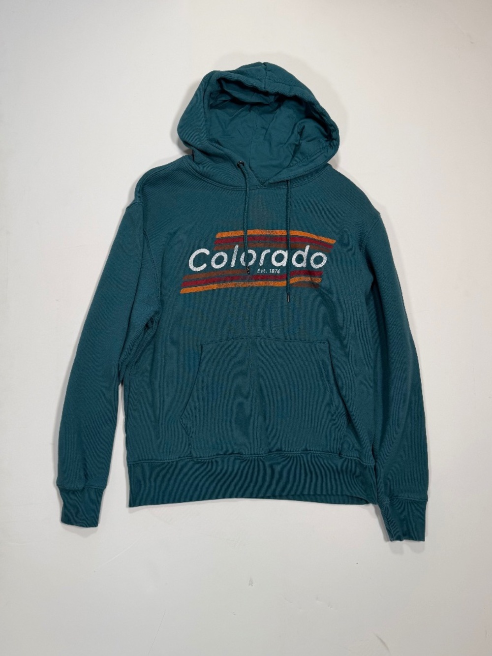 State of Mine Colorado Est. 1876 Retro Striped Pullover Hoodie Teal Blue Size M
